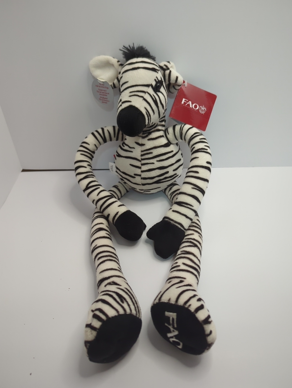 NWT FAO Schwarz Zebra Plush Long Sliding Adjustable Arms & Legs 16"  Toys R Us